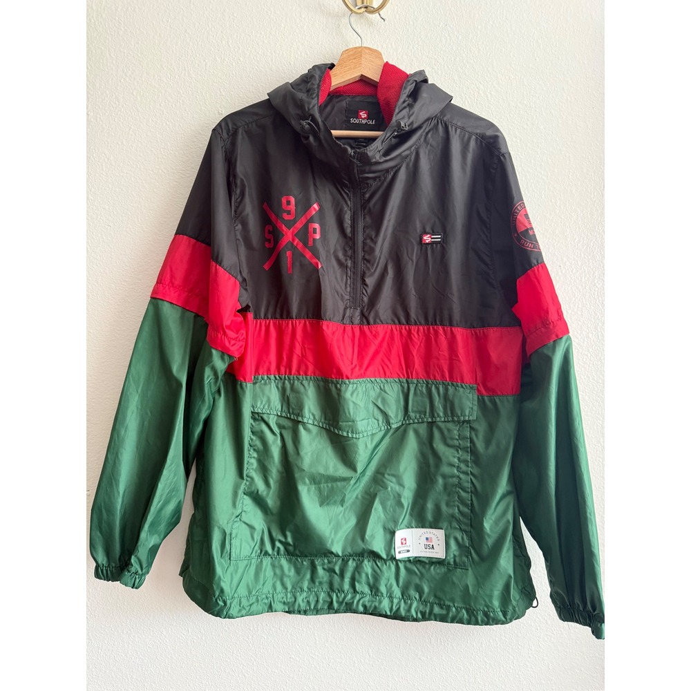 Vintage Southpole Mens Colorblock Windbreaker 1/4 Zip Pullover Hooded Jacket XL